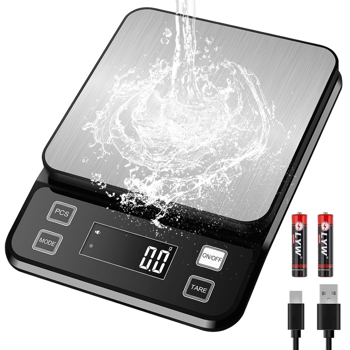 Teljesen vízálló konyhai mérleg [IPX67 és újratölthető], precíziós élelmiszermérleg 10 kg 0,1 g, 10 egység és tára funkciók, PCS, háttérvilágítású LCD kijelző, automatikus kikapcsolás, elemek és USB-C