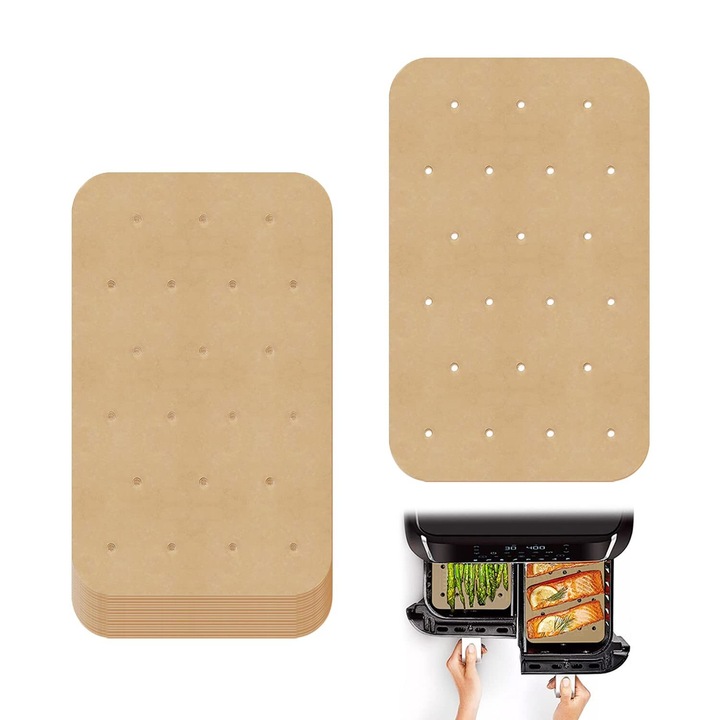 Pachet cu 120 de coli de hartie de copt pentru friteuze cu aer cald — Hartie perforata si foi rezistente la ulei, Strat antiaderent pentru friteuze cu aer cald si cuptoare (14 x 20, 5 cm)