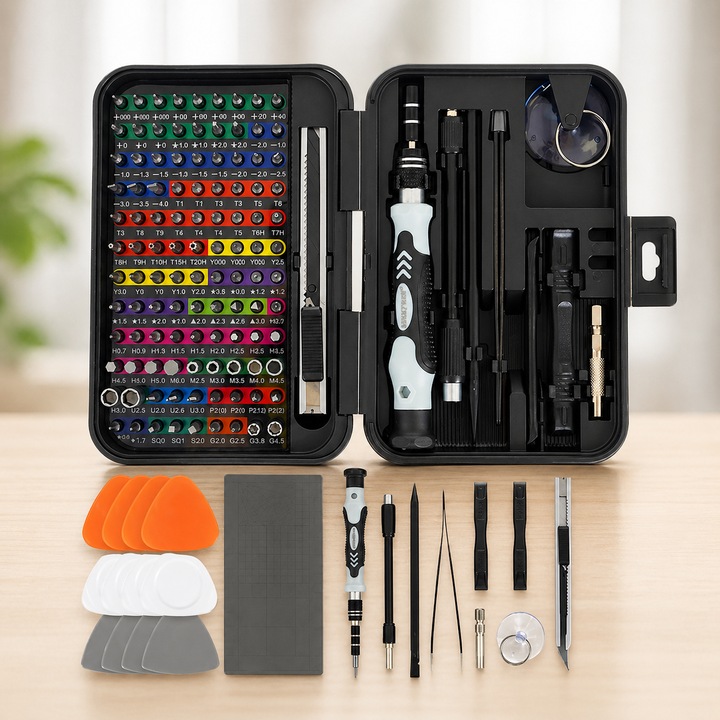 Set Surubelnite de Precizie idealSTORE, 133 Piese, Biti CRV, Kit Reparatii Electronice, Telefon, Laptop, Ceas, Prelungitor Flexibil, Magnetizator, Cutie Organizare