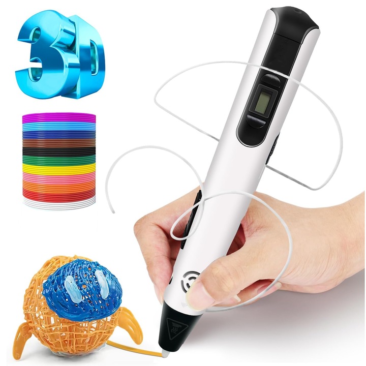 3D креативна писалка с дигитален дисплей, USB захранване към контакт, включен комплект от 10 PLA цвята за деца и възрастни, случаен унисекс цвят, HAPPY JOKER®