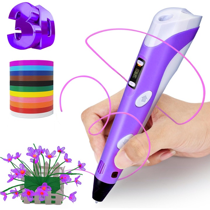 3D креативна писалка с дигитален дисплей, USB захранване от контакт, включен комплект от 10 PLA цвята за деца и възрастни, лилав, HAPPY JOKER®