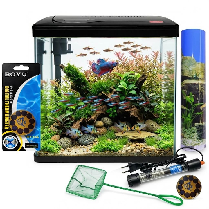 Set acvariu complet echipat Classica, volum brut 16 litri, iluminare LED, dotat cu filtru, incalzitor si accesorii, negru