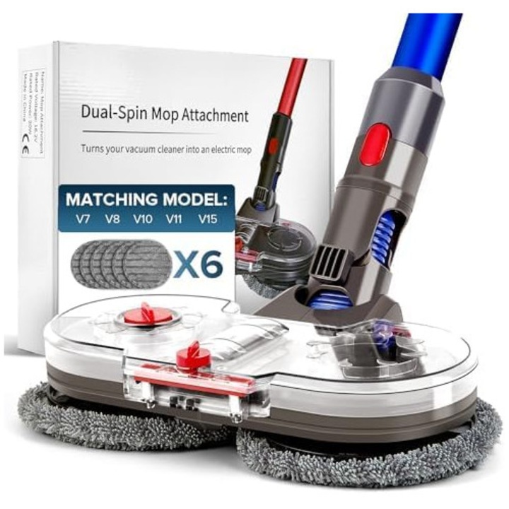 Cap de mop electric, 2 in 1, cu 6 pad-uri lavabile si rezervor de apa, compatibil cu aspiratoarele Dyson V7/V8/V10/V11/V15