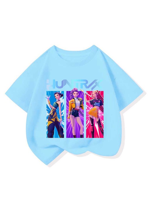 Gyermek póló, HUNTRIX, K-Pop minták, epikus grafikai design, kék, pamut