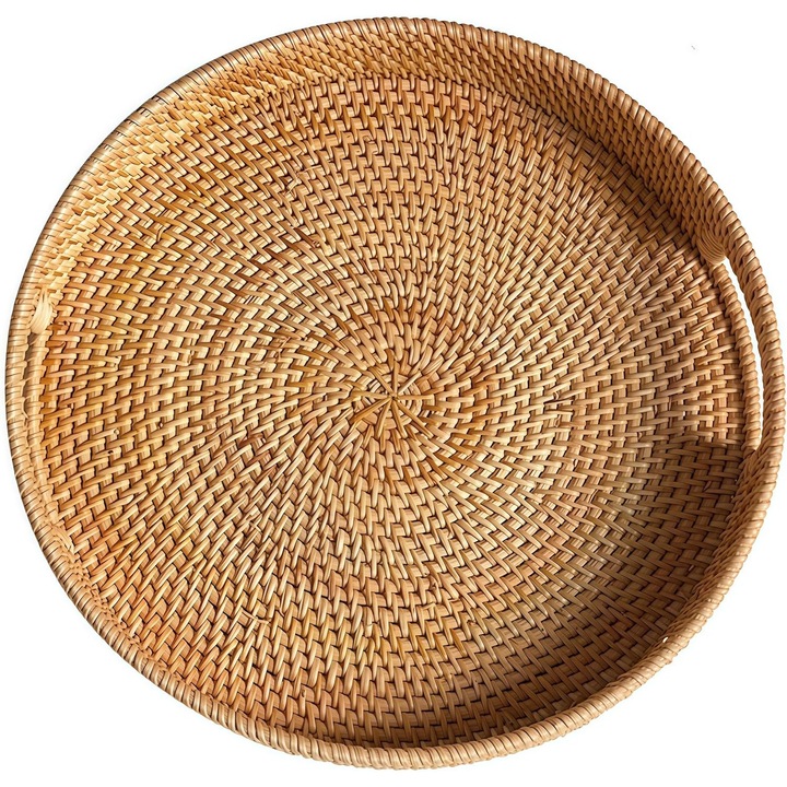 Kerek rattan tálalótálca, fonott tálalótálca fogantyúkkal, természetes szövésű dekoratív tálalókosár (30 cm, natúr)