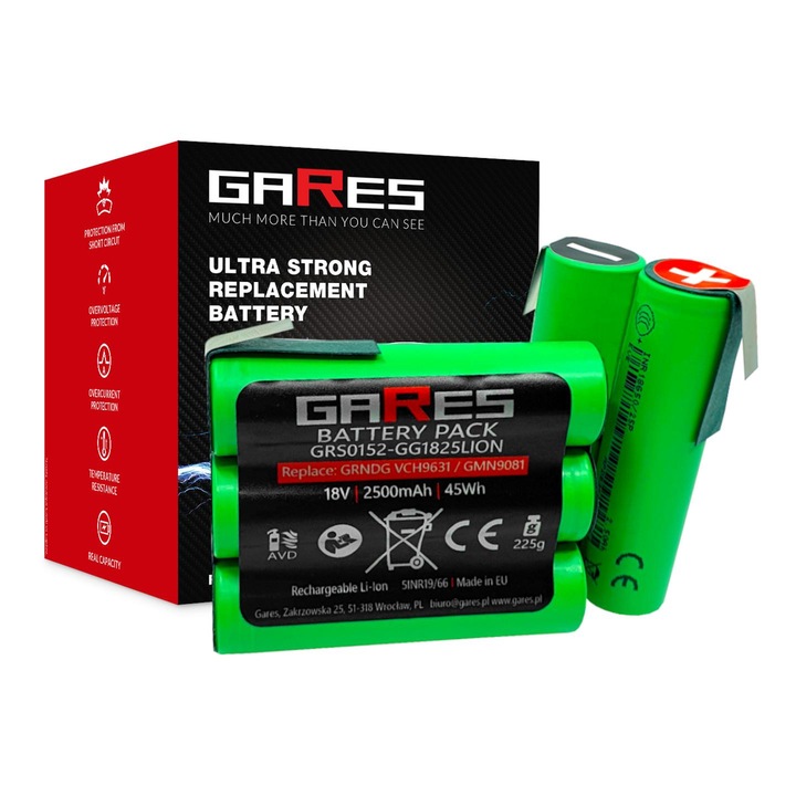 Baterie, Gares, 7.4V, 2500mAh, Li-ion, pentru aspirator Grundig VCH9631 GMN9081, putere maxima, performanta stabila, sistem de protectie BMS, testat, calitate inalta, fara efect de memorie, dimensiuni 6.5 x 5.5 x 3.7 cm, culoare negru, inlocuitor