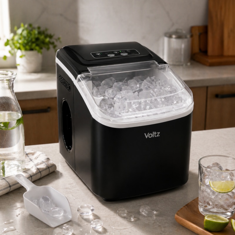 Masina de facut gheata Oliver Voltz OV51447E, 120 W, 0, 8 l, 12 kg/24 ore, R600a, Autocuratare, Comanda tactila, Negru