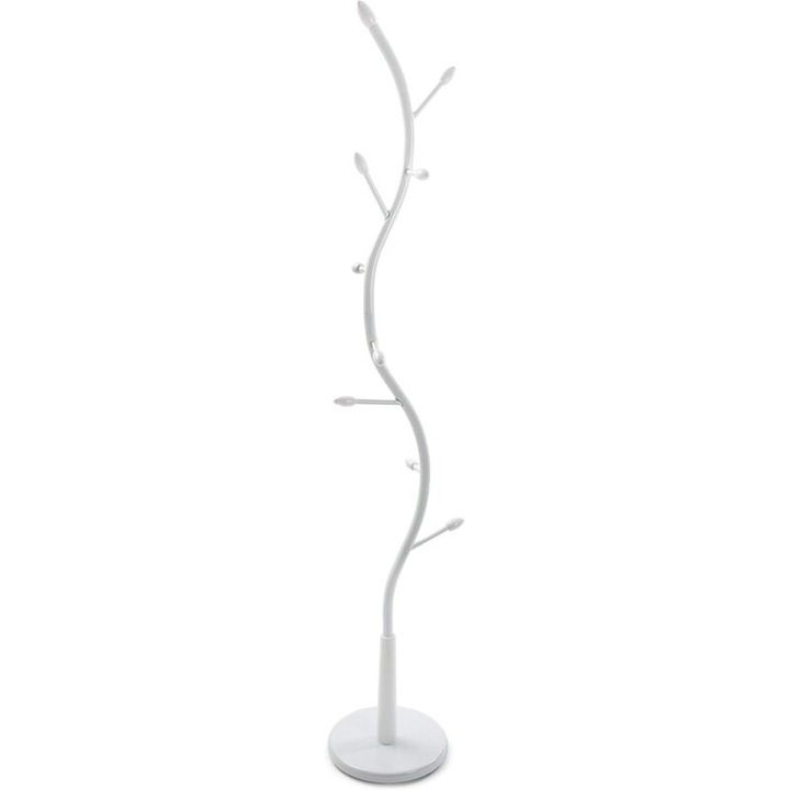 Cuier minimalist, 9 carlige, metal, alb, 185x32x32cm