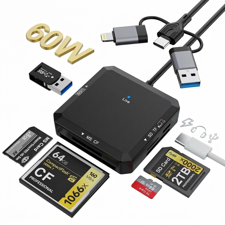 Cititor de carduri 8-in-1 XPQKDC®, Adaptor Multi Card Reader cu conectori USB-C, USB-A si Lightning pentru SD, TF, CF, MS, compatibil cu iPhone 17/16, iPad, Android, Mac, PC, Windows, Linux, Chrome OS