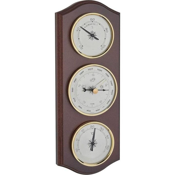 Statie meteorologica analogica, cu barometru, termometru, higrometru, culoare nuc, set complet.