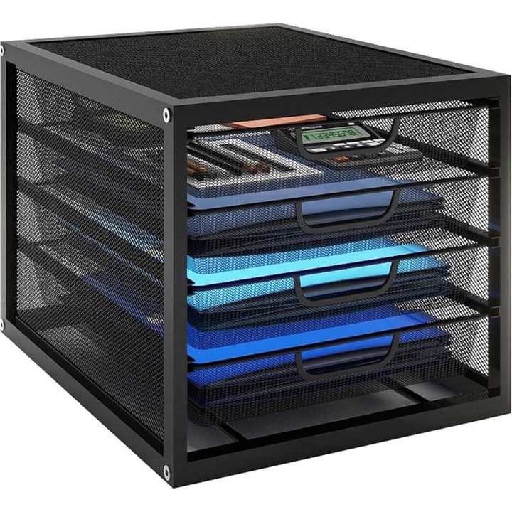 Suport documente metalic cu 4 sertare, organizator birou, design elegant, negru, dimensiuni 30x45cm