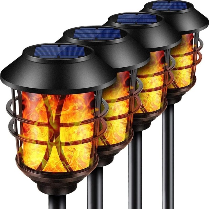 Lampa solara metalica cu design flacara, impermeabila, set de 4 bucati, neagra