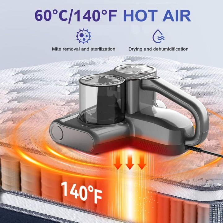 Porszívó atka ellen matracokhoz, 500W, 16 kPa, meleg levegő funkció, ultrahangos, eltávolítja a baktériumok és atkák 99.9%-át, HEPA szűrőrendszer, szett.