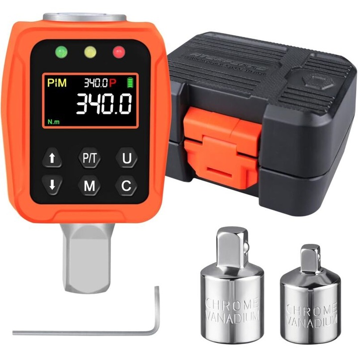 Adaptor cu cuplu digital 1/2", 17-340 Nm, set cu adaptoare 1/4" si 3/8", precizie +/-2%, pentru chei ajustabile