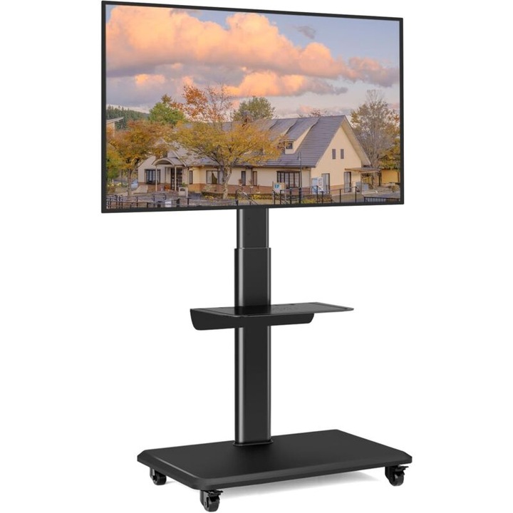 Suport TV cu roti, 26-70 inch, ajustabil pe inaltime, 2 rafturi, 100x100-400x400mm, capacitate 40 kg, culoare neagra