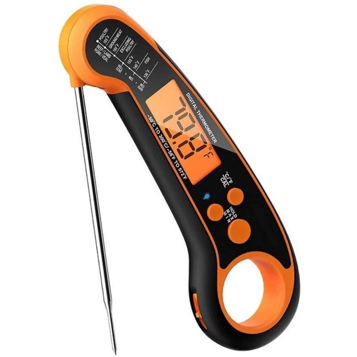 Termometru digital pentru bucatarie, termometru pentru carne, caracteristici rezistente la apa, ecran LCD iluminat, portocalie