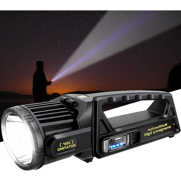 Újratölthető lámpások, 1.450.000 lumen, 350°-ban forgatható fej, 9 mód, IPX6 vízálló, vészhelyzeti készlet