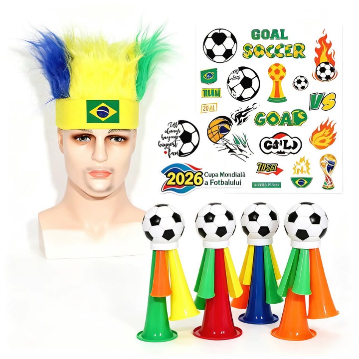 Focista szurkolói kiegészítő szett, brazil tematika, komplett készlet parókával, trombitával és matricákkal, a 2026-os Világbajnokságra