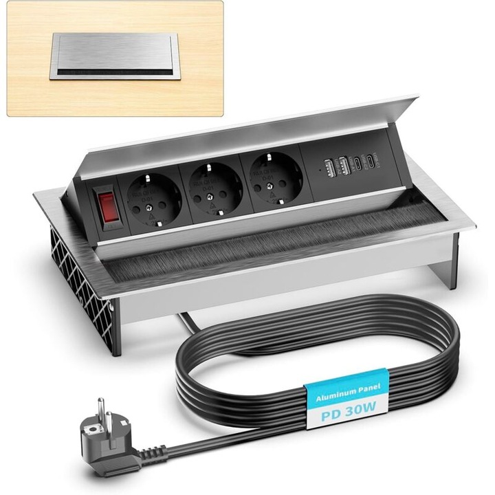 Prelungitor incastrat cu 3 prize Schuko, 2 porturi USB-C PD 30W si 2 porturi USB-A, unghi ajustabil, 1.8m, argintiu