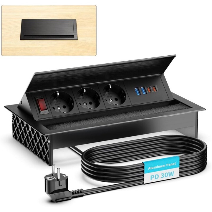 Prelungitor incastrat cu 3 prize Schuko, 2 porturi USB-C PD 30W si 2 porturi USB-A, cablu 1.8m, negru