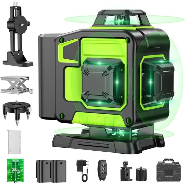 Nivel laser auto-nivelant 4D, 16 linii, mod manual si auto-nivelare, 2 baterii, montare rotativa, control de la distanta, IP54, set complet