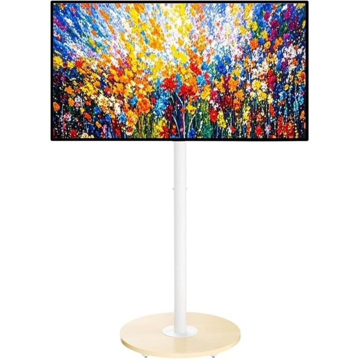Suport TV mobil cu roti pentru televizoare 40-75", design modern, inaltime ajustabila, capacitate 50 kg, alb cu MDF