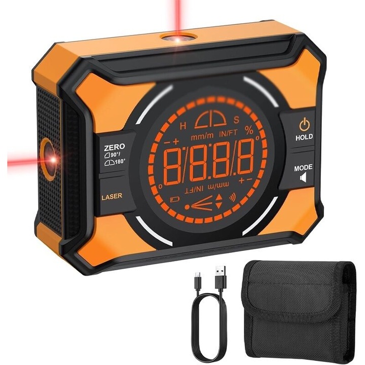 Nivel laser cu 2 linii, inclinometru digital 4x90, display LED iluminat, montare magnetica, unelte de masura pentru constructii