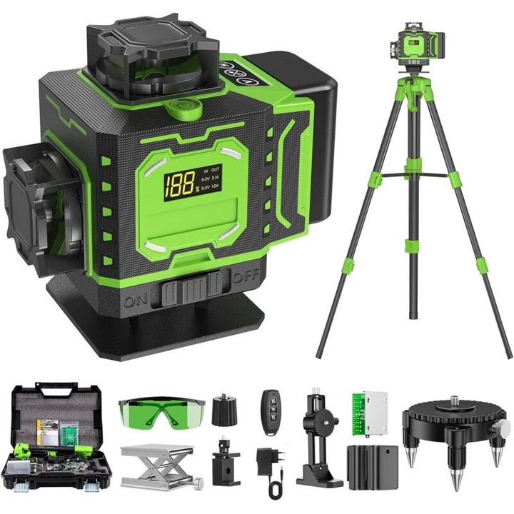 Nivel laser auto-nivelant 4D 360, 16 linii laser, mod exterior, 2 baterii, suport rotativ, telecomanda