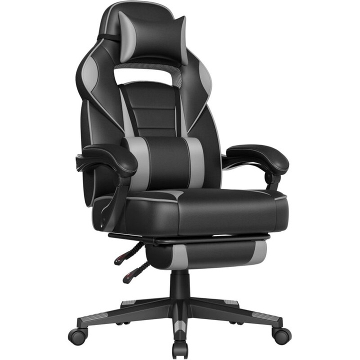 Ergonomikus gamer szék, állítható, deréktámasz, tintafekete és galambszürke, 150 kg teherbírás