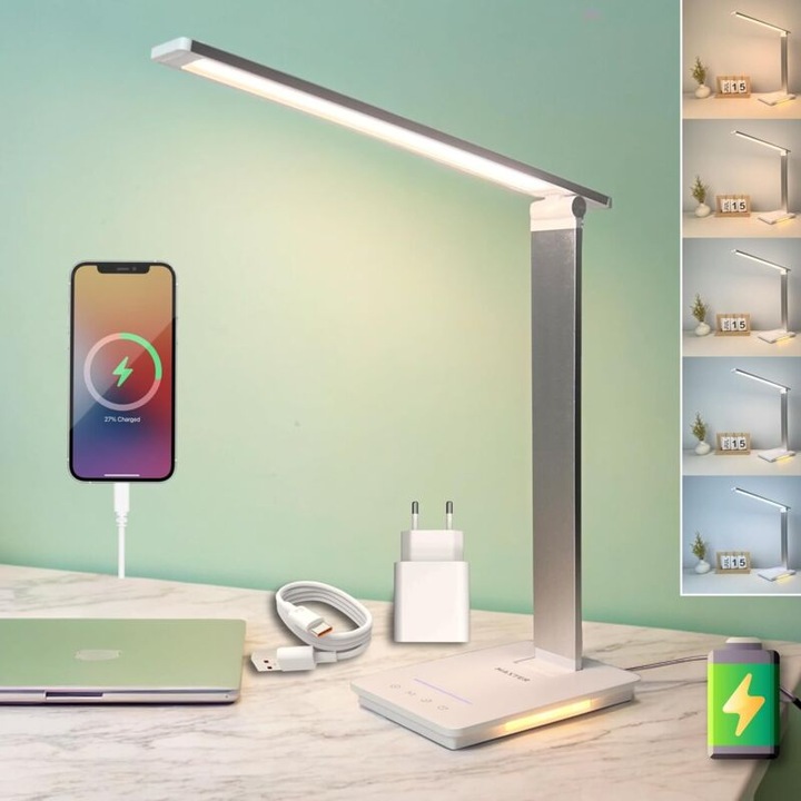 Veioza LED reincarcabila, 6W, 550 Lumen, 5 niveluri de luminozitate, 5 culori, timer 30 min, brat rotativ, USB, aluminiu argintiu