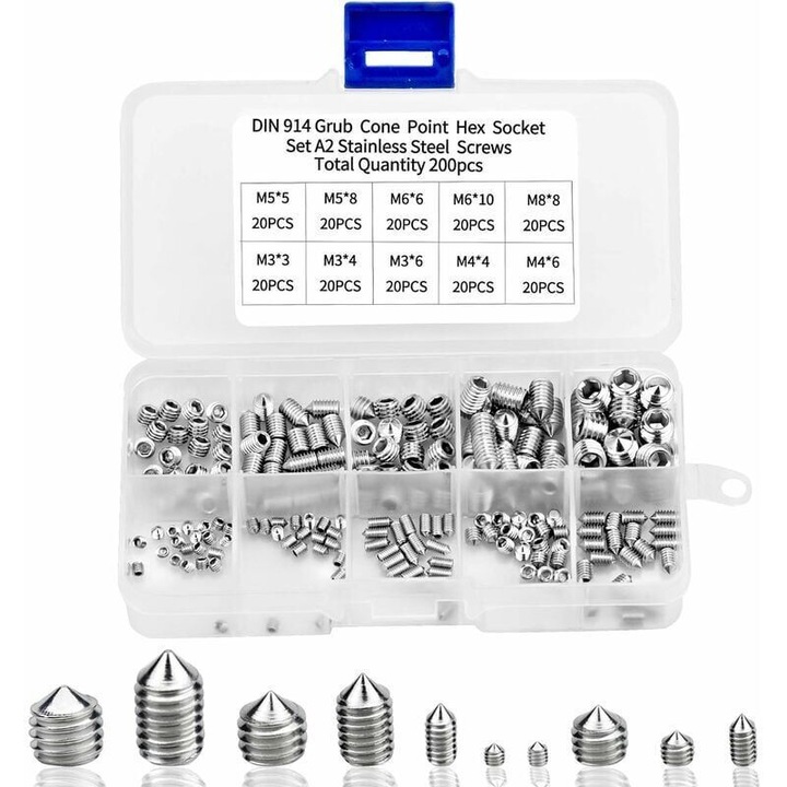 Set de 200 suruburi cu cap hexagonal, otel inoxidabil 304, dimensiuni M3, M4, M5, M6, M8, rezistente la coroziune, cutie de organizare