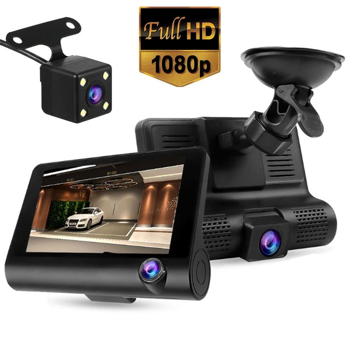 Видеорегистратор TheMaster с 3 камери, Full HD резолюция, 170° ъгъл на заснемане, Bluetooth, комплект