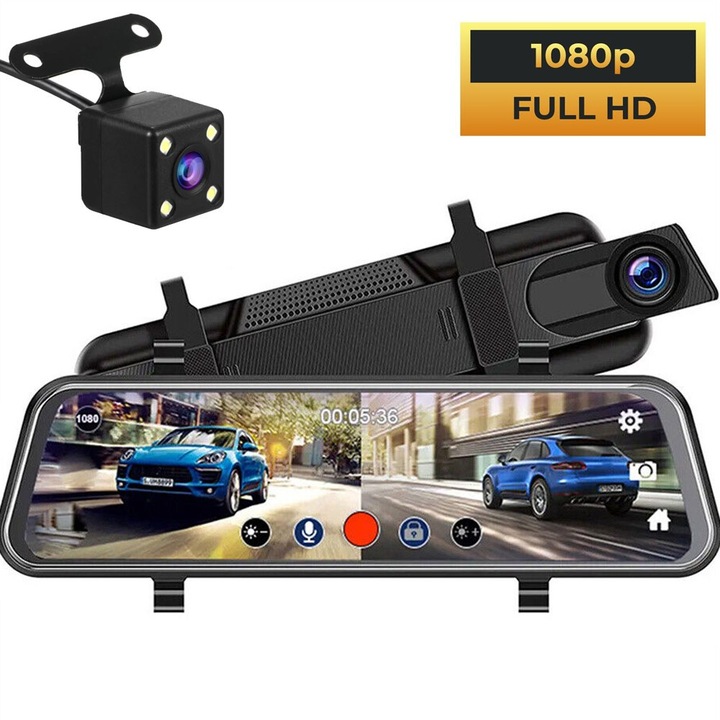 Видеорегистратор огледало TheMaster 9.66" Full HD, двойна камера, 170° ъгъл на заснемане, Bluetooth