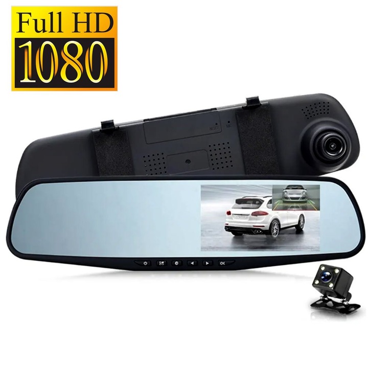 Видеорегистратор огледало TheMaster, 4.3", двойна камера, Full HD, Bluetooth, 170° зрителен ъгъл