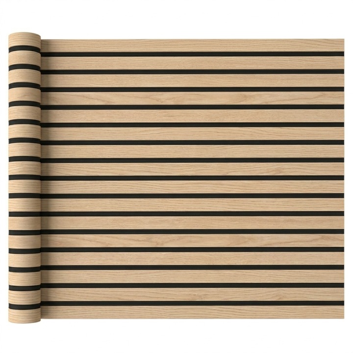 Panou Riflaj PVC Flexibil ZMR, Bej Deschis cu Fante Adancite Negru Mat, 60x300 cm, Grosime 3mm, Montaj Autoadeziv