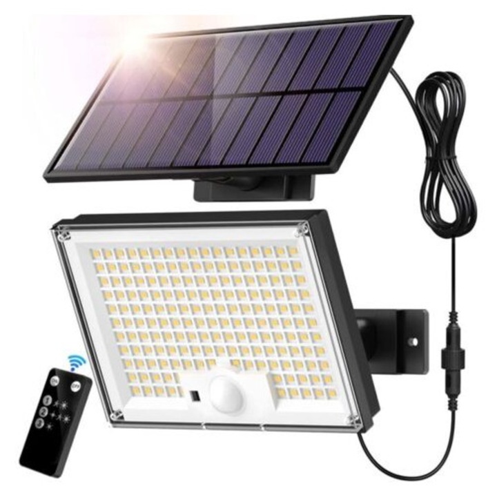 Lampa solara exterioara cu 172 LED-uri, 3 moduri, senzor de miscare, IP65, cablu de 5m, pentru gradina si garaj