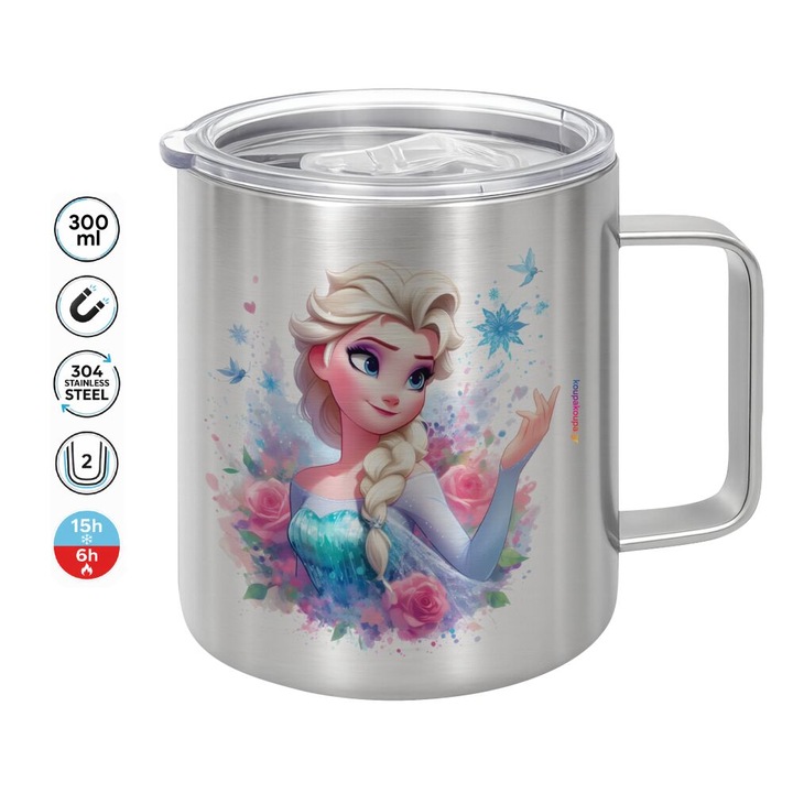 Cana termos Elsa Princess, inox dublu perete, 300ml, mentine temperatura, 11,5x8,5cm