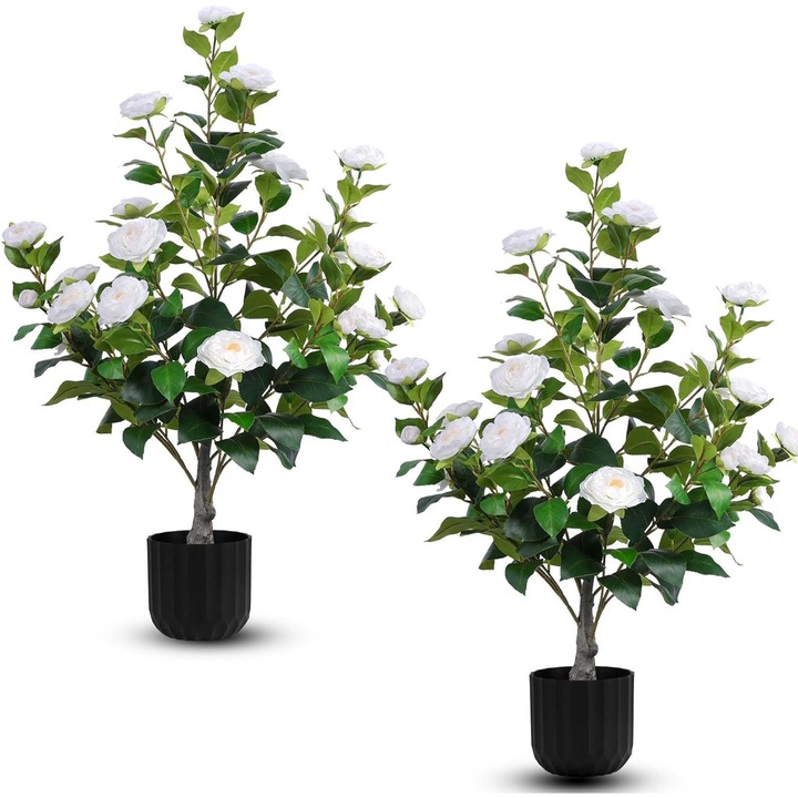 Set 2 Plante artificiala cu ghiveci Excitat@, Arbusti de camelii, 88cm Inaltime, Camelia artificiala pentru decorarea casei si cadou de casa noua, Alb