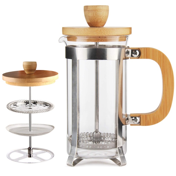 Presa Franceza AVAKKER®, Cafetiera Manuala pentru Cafea si Ceai, Capacitate 350 ml (12 oz), Carafa din Sticla Borosilicata Rezistenta la Temperatura, Filtru din Otel Inoxidabil, Maner din Bambus
