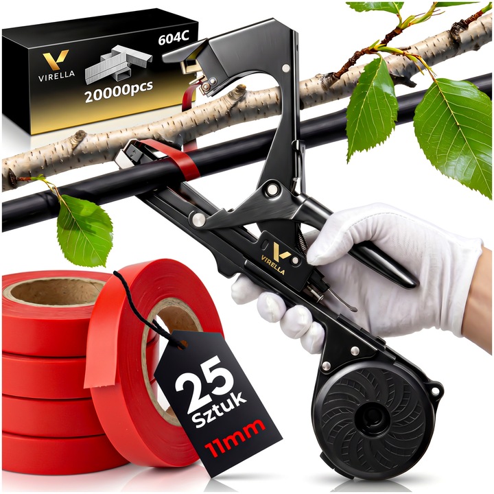 Capsator de gradina Virella pentru legat plante, ideal pentru rosii, castraveti si vita de vie. Operare rapida cu o singura mana, mecanism automat de capsare si taiere. Set complet cu 25 benzi, 20.000 capse si lama de rezerva