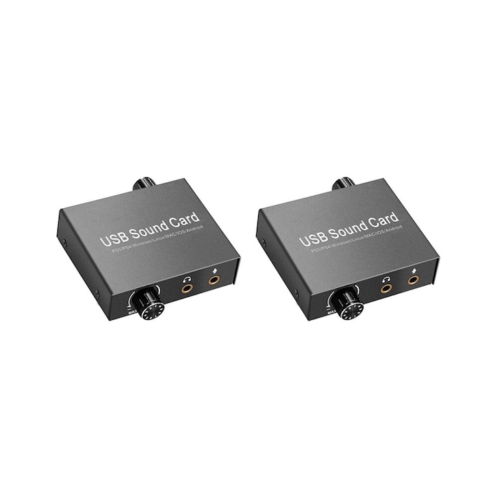 Placa de sunet USB-C, set 2 bucati, ajustare volum si bass, negru, 70.5x80.3x21.2mm