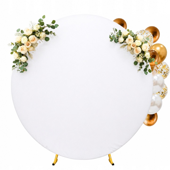 Husa decorativa Virella pentru suport rotund 2,4 m, alba, material textil elastic premium, reutilizabila, fundal decorativ elegant pentru nunta, botez, aniversare, baby shower, sedinte foto, decor evenimente, montaj rapid, lavabila, fara suport inclus