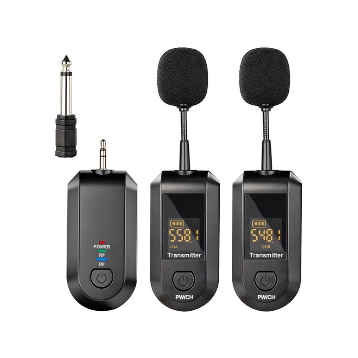Kit Micro-Cravate Wireless 2,4 GHz, 2 Microfoane, 49m, Negru