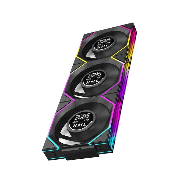 3 db 120 mm-es PC ventilátor készlet, digitális kijelző, végtelen tükör design, fekete, 600x2100RPM
