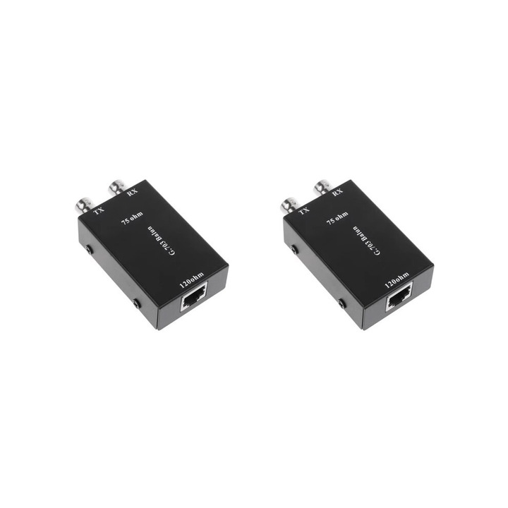 2 db koaxiális BNC-RJ45 G703 2,048 Mbps adó-vevő készlet, 75 Ohm-ról 120 Ohm-ra, fekete