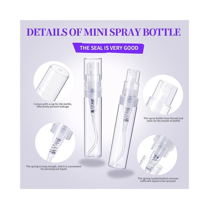 Комплект от 60 бутилки със спрей, 3 мл и 5 мл, прозрачна пластмаса, херметичен дизайн