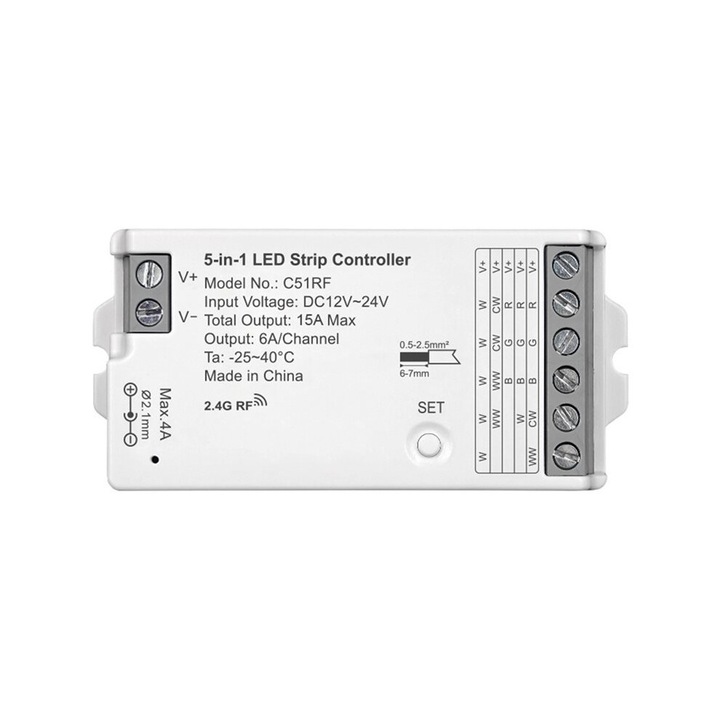 Controler banda LED 5-in-1, alb, 5V-24V, dimabil, aplicatie mobila, control vocal