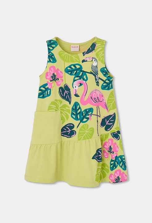 Rochie vara fetite, bumbac better cotton, imprimeu flamingo, verde, brand Boboli, Verde, 116 CM