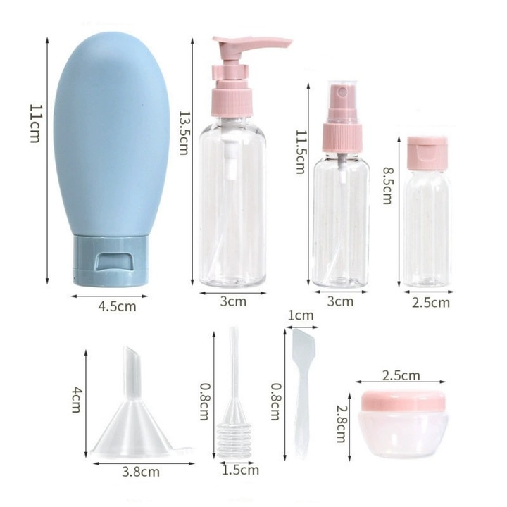 Set de 11 sticle de calatorie, recipiente de calatorie reincarcabile, sticle transparente goale cu pulverizator, cutie mica pentru crema, dozator cu pompa de sampon, accesoriu pentru avion