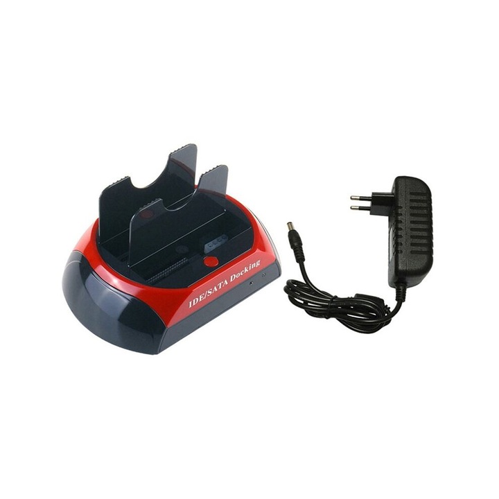 Merevlemez dokkoló állomás, USB 2.0, 2,5 és 3,5 hüvelykes támogatás, fekete-piros szín, tápegységgel együtt